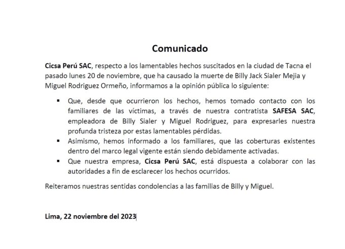 Comunicado de empresa CICSA Perú SAC